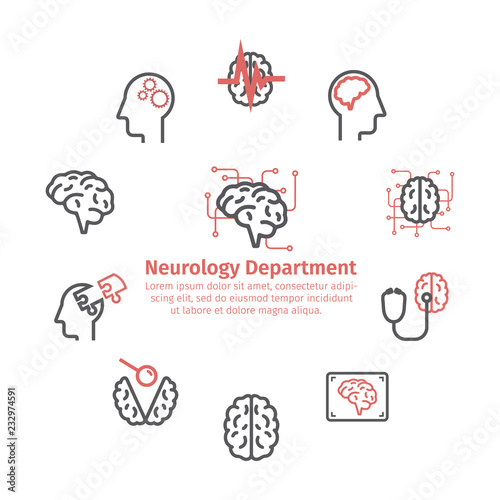Neurology Center round banner. Line icons. Clinic icons. Brain signs. Vector illustration