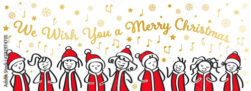 Christmas Carol singers, choir, funny men and women singing We wish you a merry Christmas, stick figures in santa costumes, banner, isolated on white background