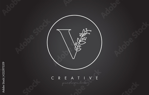 V Letter Logo With Organic Monogram Plant Leafs Detail and Circle Design