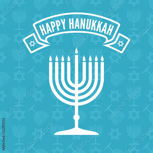 Happy Hanukkah poster or greeting card with menorah. Vector illustration.