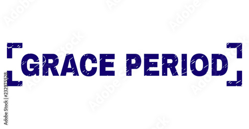 GRACE PERIOD text seal print with grunge texture. Text title is placed inside corners. Blue vector rubber print of GRACE PERIOD with unclean texture.