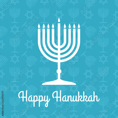 Happy Hanukkah poster or greeting card with menorah. Vector illustration.