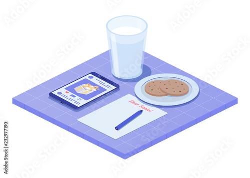 Message to Santa Claus, a smartphone, a glass of milk and cookies on a plate. Isometric christmas concept. Vector illustration