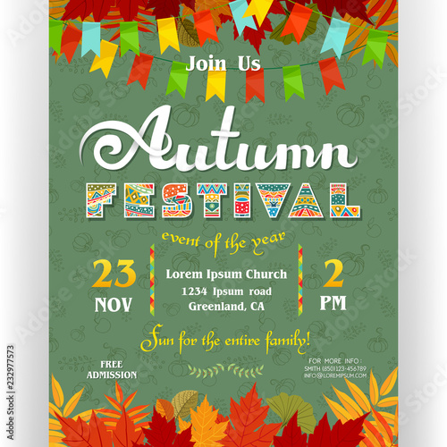 Autumn festival poster template with ornate letters, colorful fall leaves and flags.