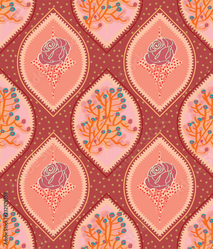 red, peach and orange beautiful ogee seamless pattern tile with floral decorative elements for creative surface designs, textile, fabric, backgrounds, wallpaper, backdrops, cards and templates