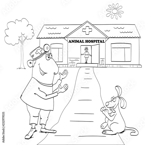 Veterinarian clinic illustration. Doctor with dog patient.