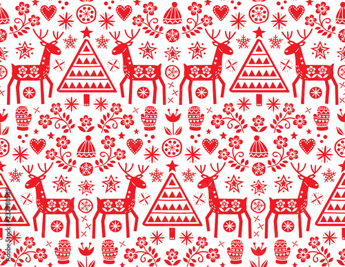 Christmas folk art vector seamless pattern with reindeer, flowers, Xmas tree and winter clothes design in red on white background - Merry Christmas ornament. 
