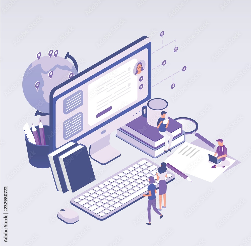 Group of tiny men and women or students standing in front of giant computer and looking at screen. Distance learning, online studying, internet education. Creative isometric vector illustration.
