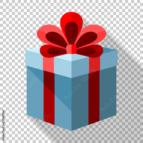 Gift box icon with red bow in flat style with long shadow on transparent background