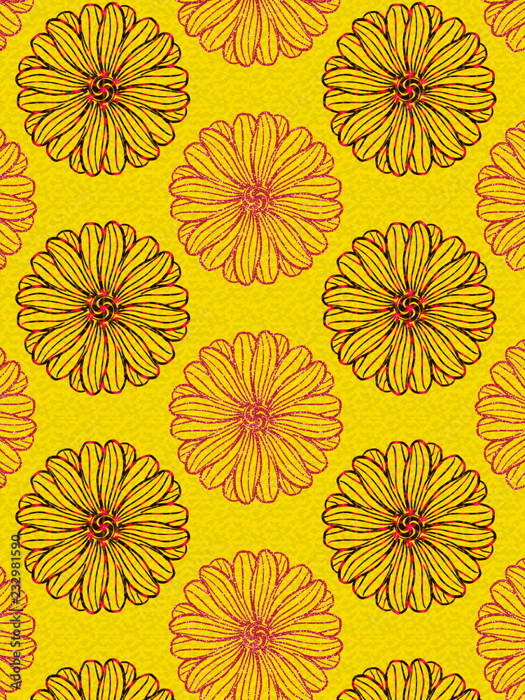red and black glittery daisies over deep yellow textured background in a repeating elegant pattern for textiles, fabrics, backgrounds, gift wrapping, packaging, cards, templates and surface designs red and black glittery daisies over deep yellow textured background in a repeating elegant pattern for textiles, fabrics, backgrounds, gift wrapping, packaging, cards, templates and surface designs