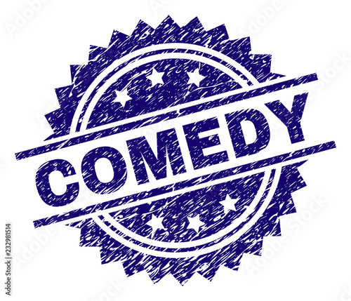 COMEDY stamp seal watermark with distress style. Blue vector rubber print of COMEDY label with unclean texture.
