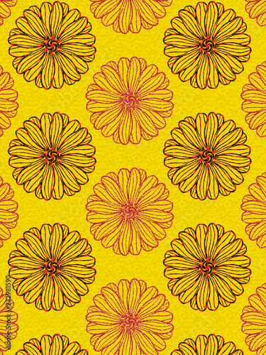 red and black glittery daisies over deep yellow textured background in a repeating elegant pattern for textiles, fabrics, backgrounds, gift wrapping, packaging, cards, templates and surface designs