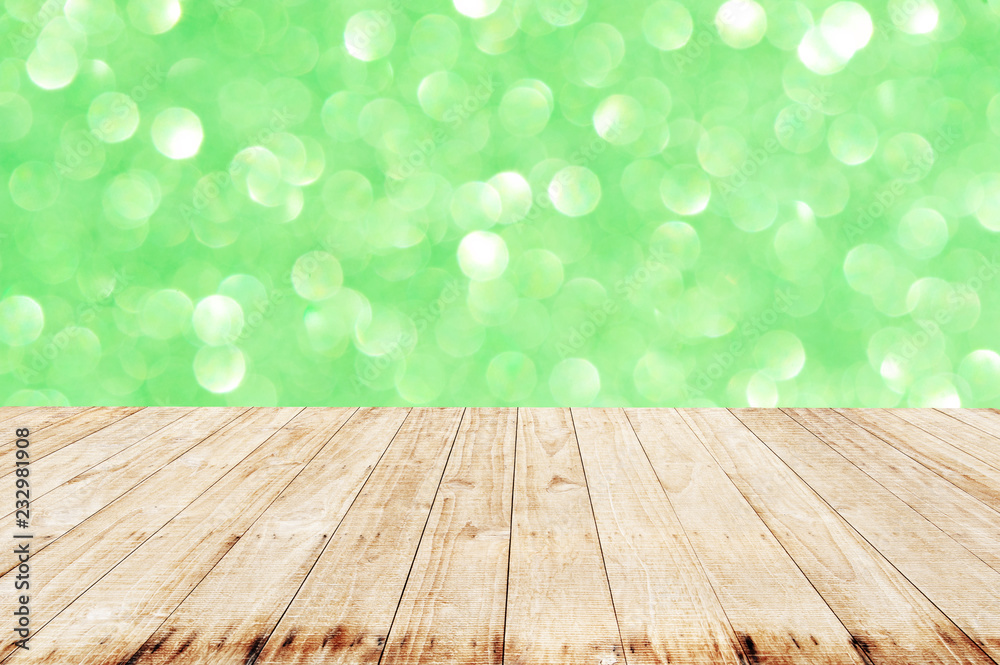 Wooden with Green glitter bokeh background