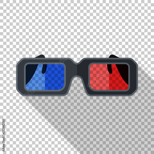 Anaglyph 3D glasses icon in flat style with long shadow on transparent background