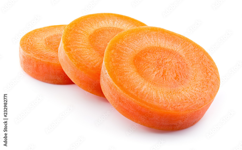 Carrot slice. Carrots. Perfectly retouched carrot slices isolated on white. Full depth of field. - obrazy, fototapety, plakaty 