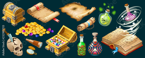 Isometric cartoon royal parchments, book of spells, treasure chests, magical drinks or poisons for computer game on dark background. Isolated vector illustration.