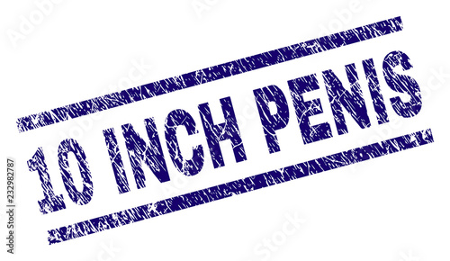 10 INCH PENIS seal watermark with grunge style. Blue vector rubber print of 10 INCH PENIS text with corroded texture. Text tag is placed between parallel lines.