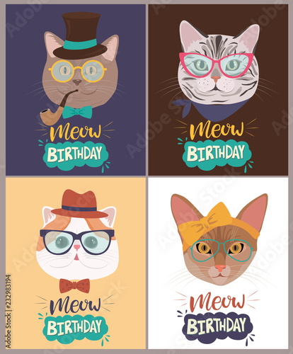 Set of hipster cats of different breeds. Editable vector illustration