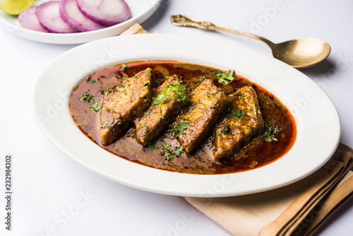 Patodi Rassa Bhaji or patwadi Sabji, a popular Maharashtrian spicy recipe served with Chapati and salad. Selective focus photo