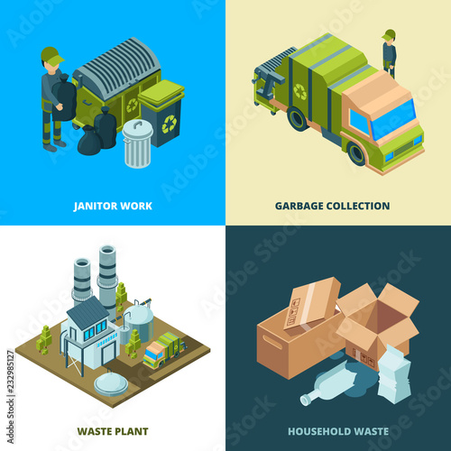 Recycle food concept. Waste removal from city disposal services cleaning truck vector isometric illustrations. Garbage and waste, trash isometric recycle, recycling dumpster