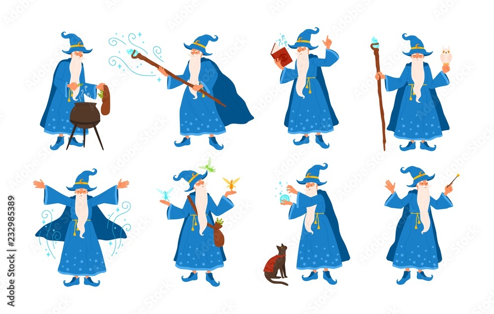 Collection of old wizard making magic isolated on white background. Bundle of elderly sorcerers or fairytale magicians practicing wizardry. Colorful vector illustration in flat cartoon style.