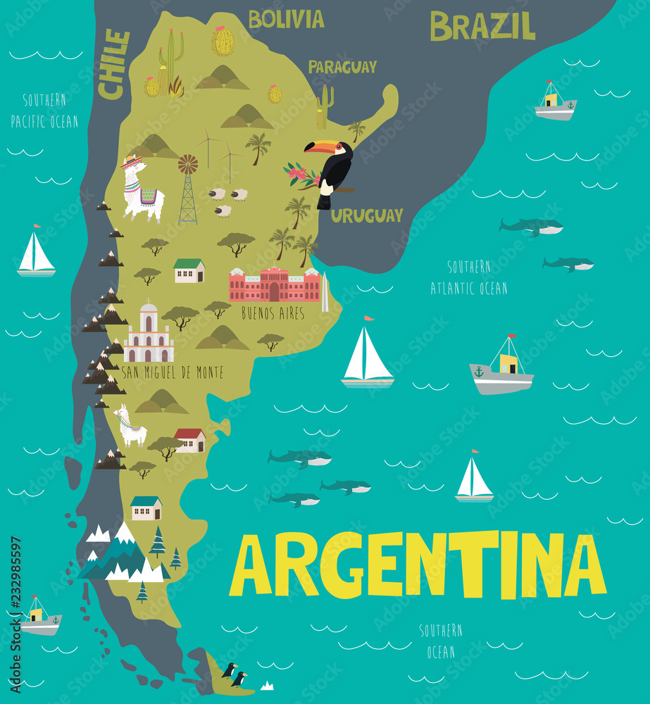 Photographie Illustration map of Argentina with nature, animals and landmarks - Acheter-le sur Europosters.fr
