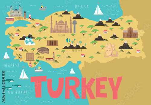 Illustration map of Turkey with nature, animals and landmarks. Editable Vector illustration
