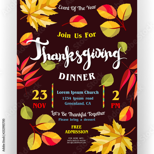 Thanksgiving dinner poster template with text customized for invitation and autumn leaves.