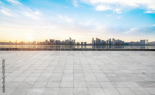 Panoramic skyline and buildings with empty concrete square floor，hangzhou,china