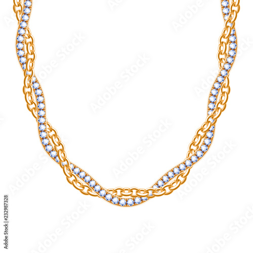 Chunky chain golden metallic necklace or bracelet with diamonds.