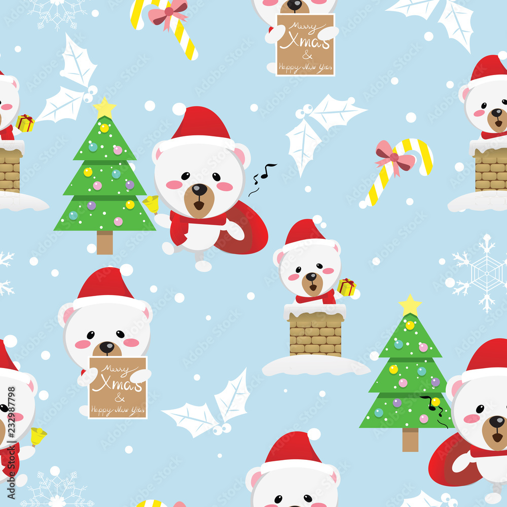 three snow bear,santa claus,unicorn Christmas seamless pattern,winter,happy new year