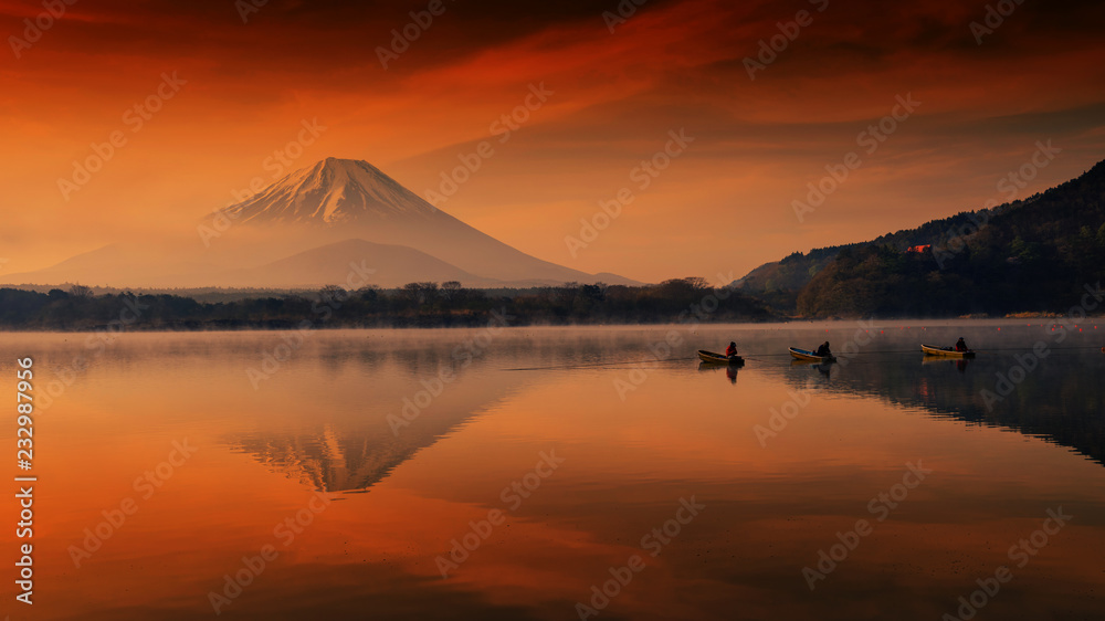 Fujisan at dawn in Shoji lake with fishermen