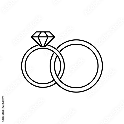 Wedding rings linear icon. Thin line illustration. Interlocked wedding ring with diamond contour symbol. Vector isolated outline drawing