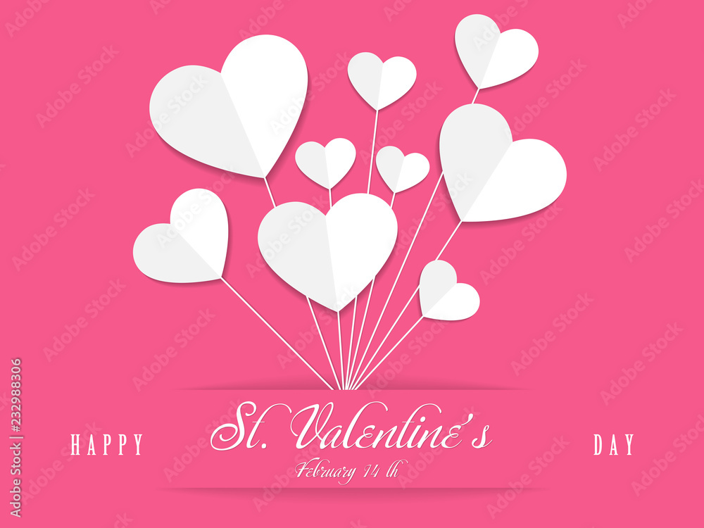 Valentines day pink greeting card, paper heart, vector
