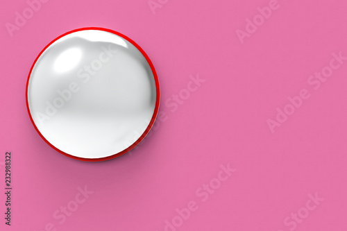 3d rendering. convex traffic mirror on pink wall background. photo