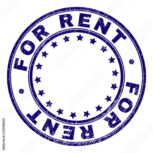 FOR RENT stamp seal imprint with grunge texture. Designed with round shapes and stars. Blue vector rubber print of FOR RENT text with grunge texture.