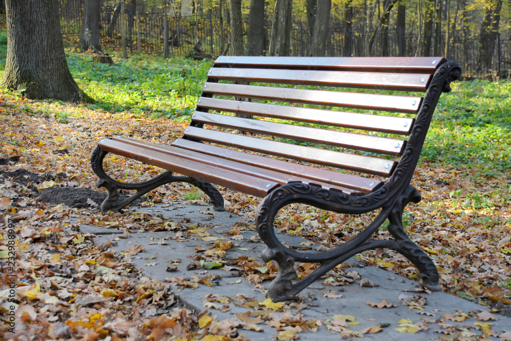 Wooden brown bench in the autumn park with orange leaves on the ground and blurred green grass on background Wooden brown bench in the autumn park with orange leaves on the ground and blurred green grass on background