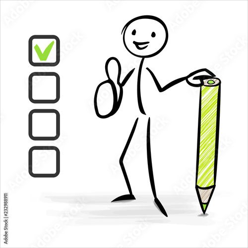 Checklist and man with green pencil and thumb up - stick figure vector illustration