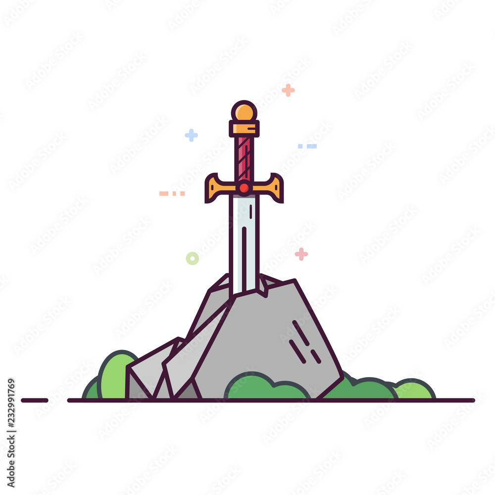 Excalibur sword in the stone. Line style vector illustration. King ...