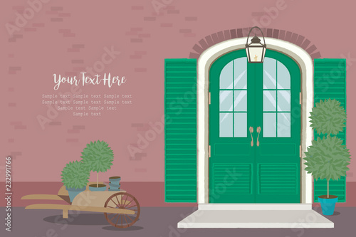 Front Door House Exterior Entrance. Web banner template background. Editable vector illustration