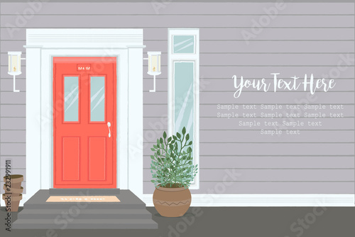 Front Door House Exterior Entrance. Web banner template background. Editable vector illustration