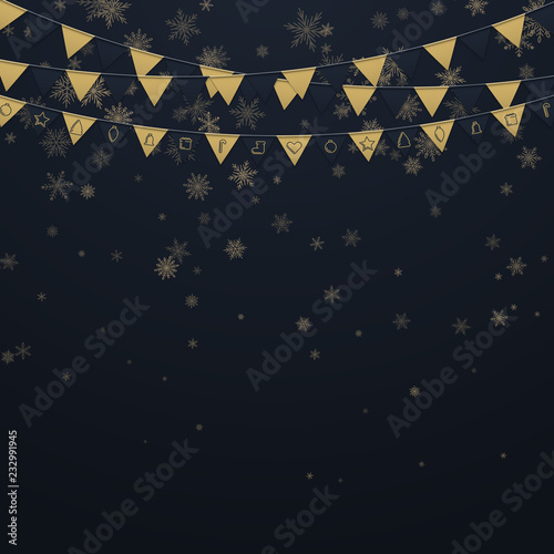 Black festive card with golden paper flags and snowflakes.
