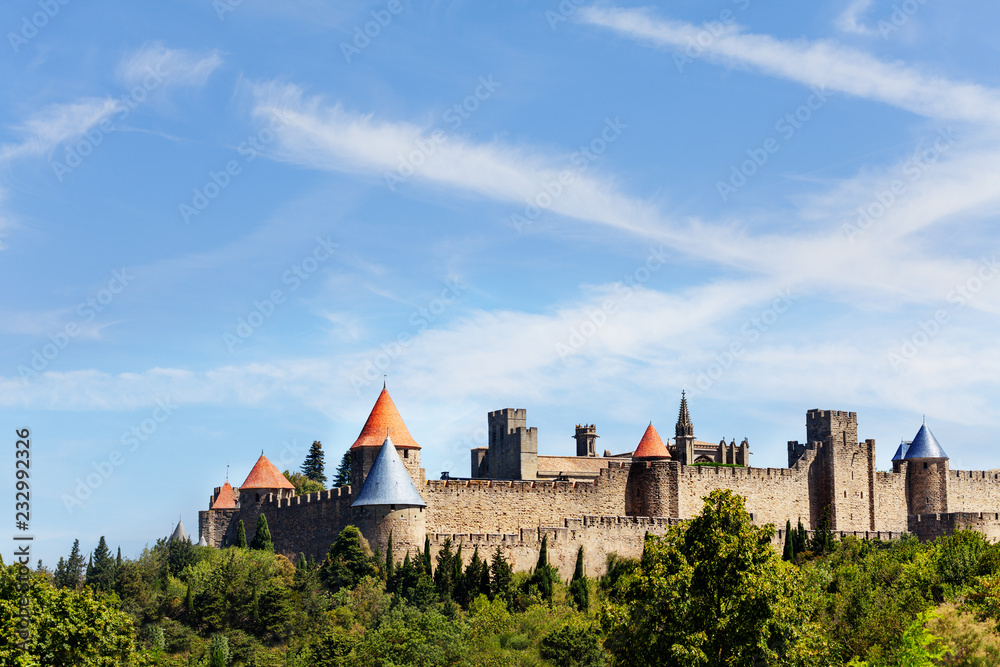 Carcassonne fortress against blue sky, France