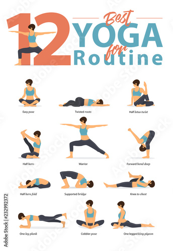 Set of yoga postures female figures for Infographic 12 Yoga poses for routine workout in flat design. Woman figures exercise in blue sportswear and black yoga pants. Vector Illustration.