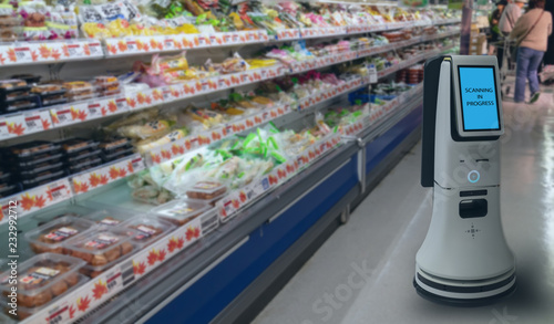 smart retail concept, robot service use for check the data of or Stores that stock goods on shelves with easily-viewed barcode and prices or photo compared against an idealized representation of store photo