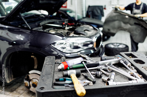 Tools for car service, car service room. Mechanic tools for maintenance car in garage © dimaris