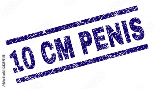 10 CM PENIS seal print with distress style. Blue vector rubber print of 10 CM PENIS label with retro texture. Text label is placed between parallel lines.