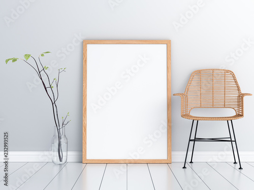 Blank photo frame for mockup and wood chair on floor, 3D rendering