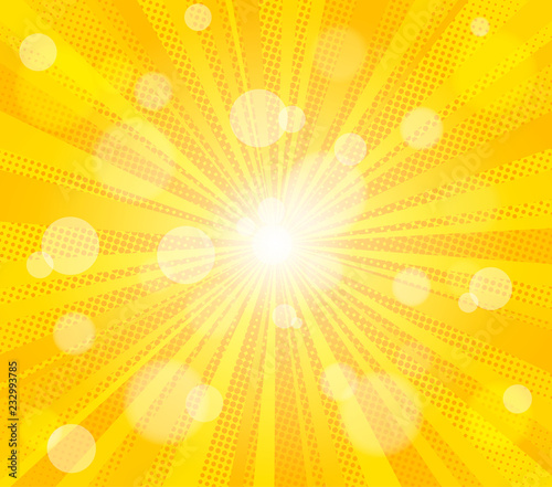 Comic yellow sun rays background pop art retro vector illustration kitsch drawing.