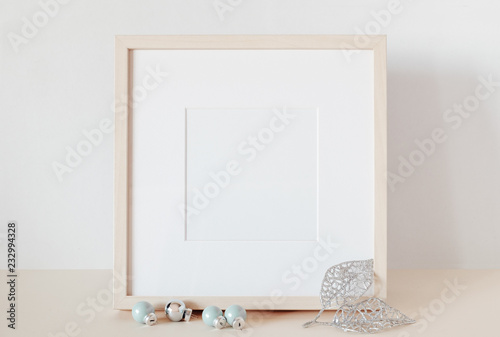Mock up template under the inscription with Christmas decorations. Frame mockup